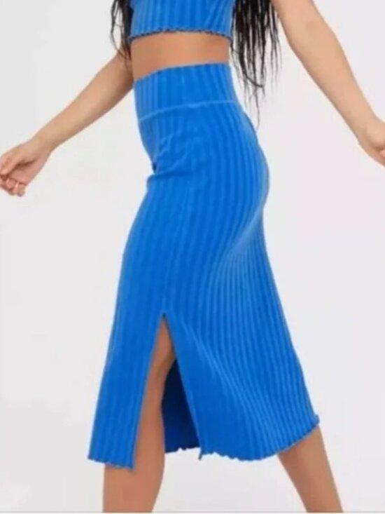 aerie Dresses & Skirts - NEW Aerie Offline Blue Midi Skirt Medium M Ribbed Cotton Stretch OG Groove Slit